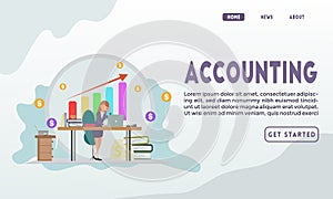Web banner design, female accountant worker is taking calls from her office desk and improved graphics