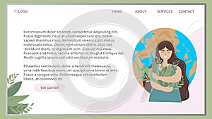 Web banner design template. The girl holds a bouquet of grass in her hands, against the background of our planet. Day of the Earth