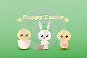 Web banner for easter holidays with cute childish characters, little buny with basket of easter eggs chiks in shell photo