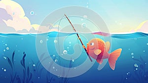 This is a web banner for a fishing cartoon landing page. A cute fish looking on a hook underwater in the sea, catching