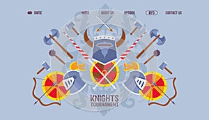 Web banner flat knight tournament, chivalric sword, shield, helmet, axe, mace vector illustration. Contact us, about us photo