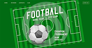 Web banner with football or soccer ball illustration and stylized green play field with bases and scheme in white lines