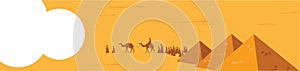 Web banner. Group of People with Camels Caravan Riding in Realistic Wide Desert Sands in Middle East. Editable Vector