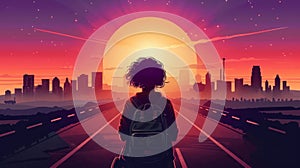 The web banner has a posing girl silhouette on a sunset background with a highway going into the afternoon sun on a