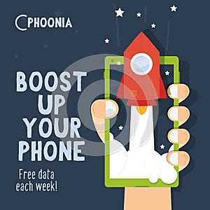 Web banner illustration with phone and rocket