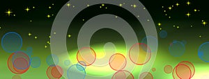 A web banner illustration of stars and bubbles on a green sky background