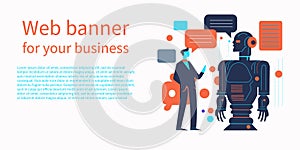 Web banner Man communicating with robot. man communicating with artificial intelligence vector illustration