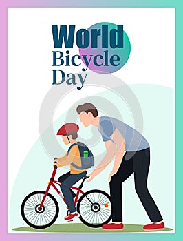 Web banner with a man teaching young boy ride a bike, World bicycle Day concept, healthy lifestyle concept