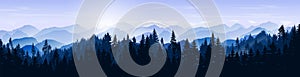 Snowy mountain landscape. Vector blue silhouette of mountains, hills and forest. Holiday background with pine, spruce, Christmas