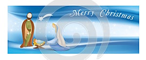 Web banner nativity scene with holy family - Jesus - Mary - Joseph - text merry christmas -on elegant blue background
