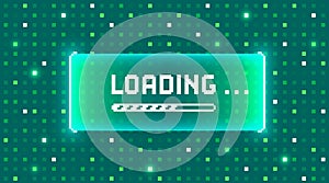 Web banner with phrase Loading. Sci-fi screen background with neon design