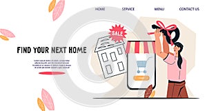 Web banner for real estate agency and online services to buy a house, vector