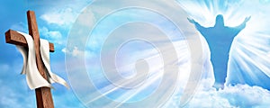 Web banner Resurrection. Christian cross with risen Jesus Christ and clouds sky background. Life after death photo
