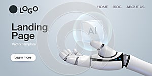 Web banner with robot hand holding processor, technology, machine learning, neural network, Artificial Intelligence, AI.