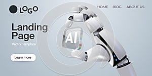Web banner with robot hand holding processor, technology, machine learning, neural network, Artificial Intelligence, AI.