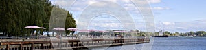 Web banner of a sailboat sailing with the pink beach umbrellas and Muskoka chairs in the foreground