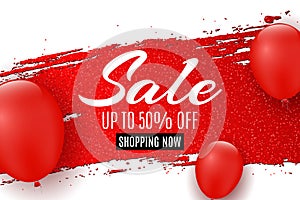 Web banner for sale. Red grunge line with glitters. Red balloons. White background. Big discounts. Special offer. Background for y