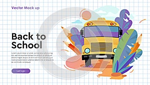 Web banner with school bus on road, checkered paper pattern. Back to school photo