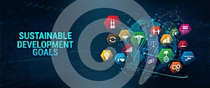 Web banner SDG - Sustainable Development Goals. Futuristic banner long-term project the united nations with 3D Earth photo