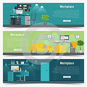 Web Banner set Office workplace interior design Graphic . Business objects, elements and equipment. Flat Illustration