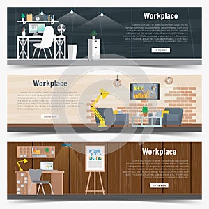 Web Banner set Office workplace interior design Graphic . Business objects, elements and equipment. Flat Illustration