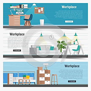 Web Banner set Office workplace interior design Graphic . Business objects, elements and equipment. Flat Illustration