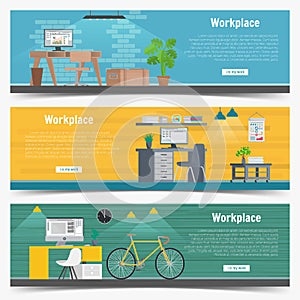 Web Banner set Office workplace interior design Graphic . Business objects, elements and equipment. Flat Illustration