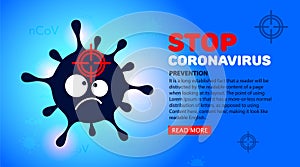 Web banner Stop Coronavirus, virus prevention. Cartoon symbol of virus, microbe, bacterium icon and target aiming target