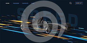 Web banner with super car sport bolide, black auto in movement with bright speed lights on dark background