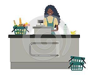 Web banner of a supermarket cashier. The young black woman is standing near the cash register