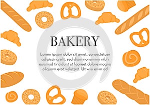 Web banner template with frame made of various types of breads and sweet homemade baked products and pastries with place