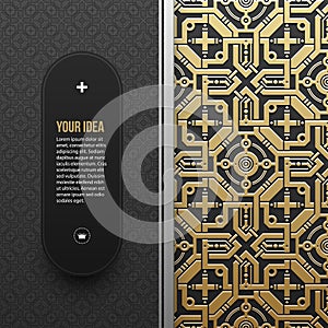 Web banner template on golden metallic background with seamless pattern