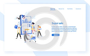 Web banner template with group of crazy customers, buyers or shopaholics carrying shopping carts, bags and boxes and