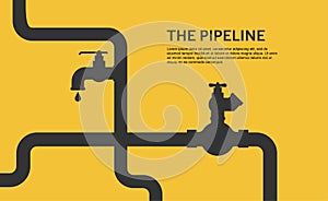 Web banner template. Industrial background with yellow pipeline. Oil, water or gas pipeline with fittings and valves