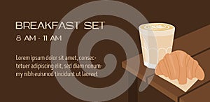 Web banner template with latte cup and croissant. Cafe scene with specialty coffee on the table. Horizontal poster for
