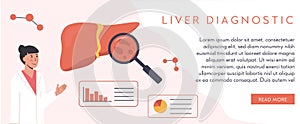 Web banner template. Liver Organ with magnifying glass. Hepatitis Cure. Researcher studying liver tissue. Consulting