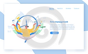 Web banner template with man sitting with crossed legs against clock face on background. Time management, effective