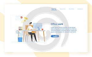 Web banner template with programmer or coder sitting at desk and working. Office work in software development