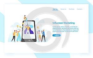 Web banner template with smartphone, woman with bullhorn on screen and customers surrounding her. Influencer marketing