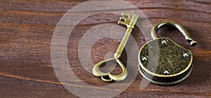 Vintage gold heart shape key and opened padlock, Valentines day background, banner