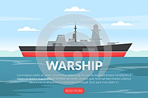 Web Banner with Warship or Combatant Ship as Marine Vessel for Naval Warfare Vector Template