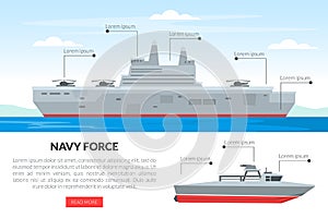 Web Banner with Warship or Combatant Ship as Marine Vessel for Naval Warfare Vector Template