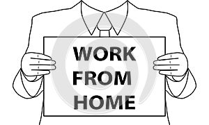 Banner WORK FROM HOME in black.  A man holds a poster in front of him with the text WORK FROM HOME  your web site design, app, UI.
