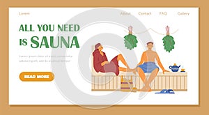 Web banner with young couple man and woman relaxing at hot steam sauna or spa.