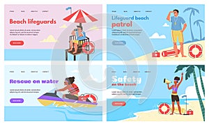 Web banners for beach lifeguards and water rescue, flat vector illustration.