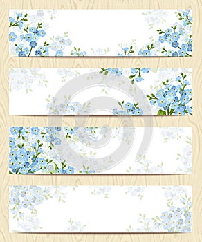 Web banners with blue forget-me-not flowers. Vector eps-10.
