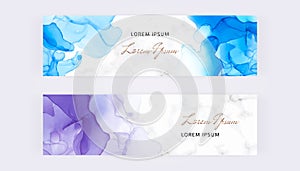 Web banners with blue and purple alcohol ink texture. Modern templates for invitation, logo, card, flyer, poster, save the date