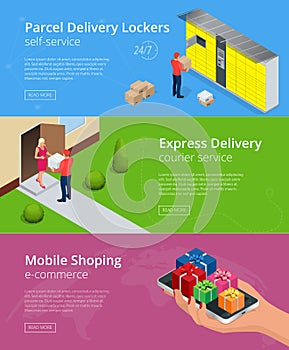 Web banners. Isometric Parcel Delivery Lockers. Self-service. Express Delivery.