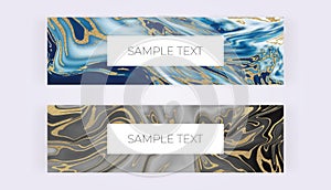 Web banners with liquid marble texture. Grey, blue and golden glitter ink painting abstract pattern. Modern templates for invitati