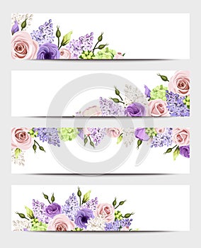 Web banners with pink, purple and white roses and lilac flowers. Vector eps-10.